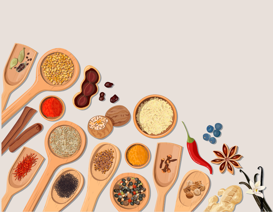 cream background with graphic of spices and spoons in lower left hand corner