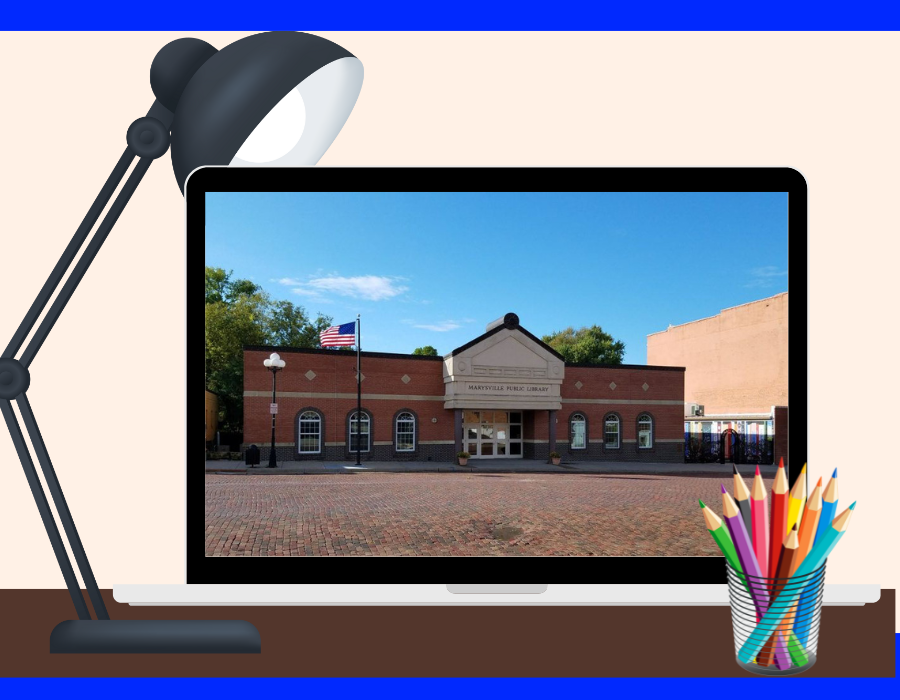 Marysville Library picture on the screen of a laptop computer on a desk.