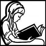 Girl reading book. Black and white image.