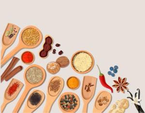 cream background with graphic of spices and spoons in lower left hand corner