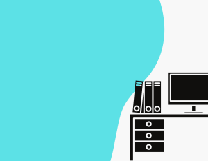 teal background with black outline of desk, books, and computer screen